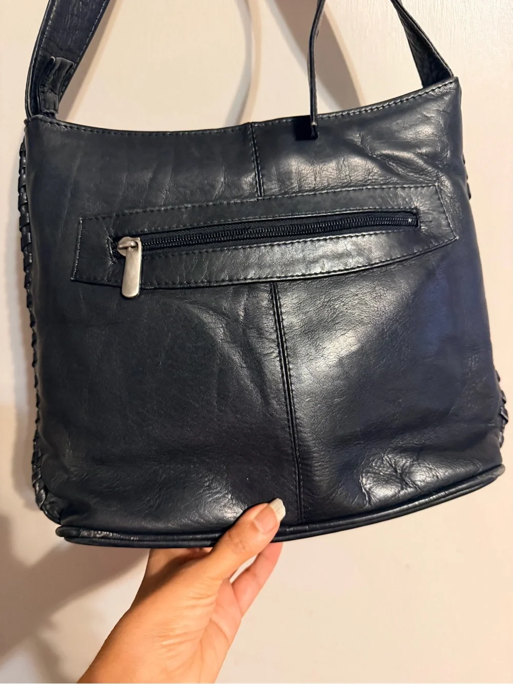 Vintage Black Genuine Leather Shoulder‎ Bag Made in Colombia Braided Trim